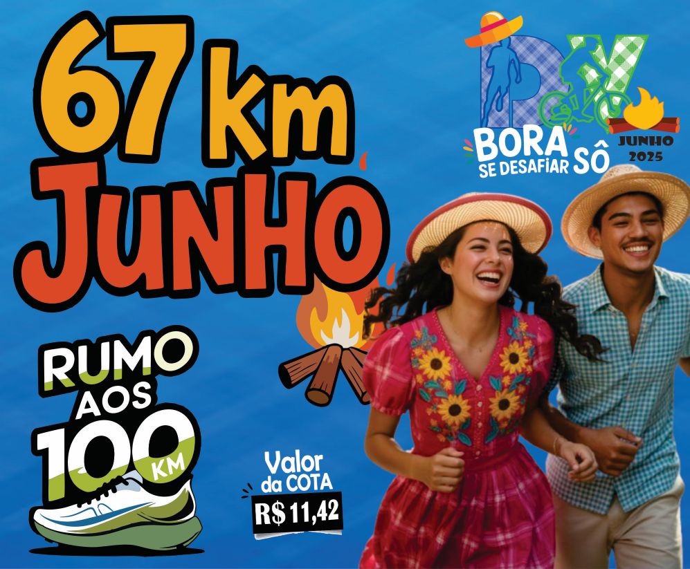 <p><center><strong>67 KM EM JUNHO</strong></center></p><p><center><strong>RUMOS AOS 100KM</strong></center></p><p> </p><p><center>CONSULTE AS REGRAS DO DESAFIO</center></p><p> </p><p><center><strong>BORA SE DESAFIAR SÔ</strong></center></p>